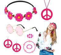 Set di 7 accessori per costume hippie per donne, accessori per abiti da 60s 70s con peace Sign Necklace Earring Flower Crown Headband Bracelet Ring Sunglasses Retro Deco for Dress Up