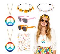 Set di 7 accessori per costume hippie, stile retrò anni '60 e '70, con fascia per capelli con margherita, occhiali da sole, collane con segno della pace e tatuaggi temporanei per travestimenti hippie