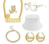 Set di 7 accessori per costumi hip hop, stile hip hop anni '80 e '90, set con collana bianca con cappello alla pescatora, per donne, DJ, punk, rapper, cosplay, feste a tema, Halloween, carnevale