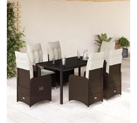 Set di 7 bistrelli da giardino con cuscino, marrone, polyrattan, poltrone regolabili, piano in vetro temperato, resistente ai raggi UV, set di mobili per esterni, per terrazza, balcone
