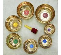 Set di 7 campane tibetane buddiste tibetane fatte a mano, in ottone puro, 7 chakra, per meditazione e preghiera buddista con bastoncini in legno