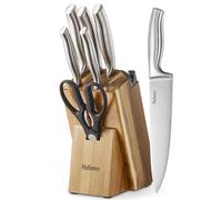 Set di 7 coltelli da cucina in acciaio inox con affilatore integrato, set di coltelli da cucina professionali con forbici e blocco in legno di acacia, coltelli affilati per la casa
