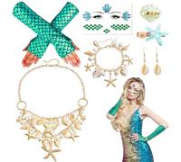 Set di 7 costumi da sirena da donna, per ragazze, costume subacqueo, con guanti, catena di conchiglia, braccialetto con stella marina, forcina per capelli, adesivi per il viso per carnevale e feste a