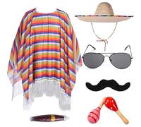 Set di 7 costumi messicani per feste messicane, poncho messicano e sombrero per adulti, include poncho messicano Serape Serape cappello sombrero occhiali da sole baffi finti maracas puntello per