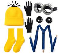 Set di 7 costumi Minion per adulti, per uomo e donna (cappello, 1 occhiali, 1 bretelle, 1 guanti, 1 calzino, 1 bottone, 2) costume da minion per adulti, per carnevale, cosplay, costumi di Halloween