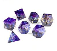 Set di 7 dadi poliedrici trasparenti a tema galassia viola, adatti per giochi di ruolo da tavolo e altro, con texture viola stellata da sogno, possono essere utilizzati anche come regali per le vacanz