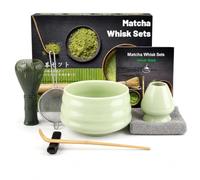 Set di 7 fruste e ciotole, verde chiaro, kit completo per la preparazione del matcha, con frusta in plastica, ciotola in ceramica, supporto per frusta, paletta, setaccio e strofinaccio, set da tè