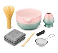 Set di 7 fruste Matcha in plastica con supporto e paletta, kit per cerimonia del tè giapponese, ciotola rosa e blu, mescolatore giallo