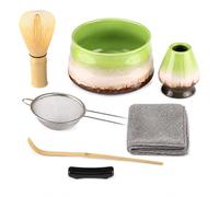 Set di 7 fruste per Matcha, set di frusta e ciotola in bambù con supporto e paletta, kit per cerimonia del tè giapponese, ciotola verde ombré, mescolatore giallo
