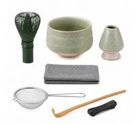 Set di 7 fruste per Matcha, set di frusta e ciotola in bambù con supporto e paletta, kit per cerimonia del tè giapponese, ciotola grigio-verde incrinata, agitatore verde