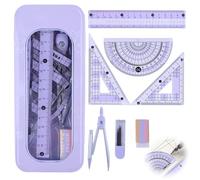 Set di 7 goniometro e bussola, set geometria viola per scuola secondaria, kit matematica guscio in metallo con righello da 15 cm, goniometro a 180°, due triangoli, ricariche e gomma, set di matematica