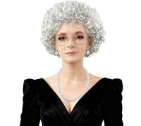 Set di 7 parrucche da nonna, capelli ricci argentati per vecchia, include cuffia per parrucca, occhiali, catena, orecchini, braccialetto, capelli ricci grigi pre-acconciati, per feste in costume e