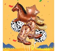 Set di 7 pezzi di decorazioni per feste di compleanno a tema western, con palloncini a forma di cappello marrone, palloncini in foil stampati con cavalli e animali marroni, palloncino a forma di mucca