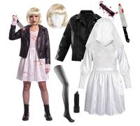 Set di 7 pezzi per costume da sposa killer doll da donna con parrucca sangue finto | Costume horror da donna, set da 7 pezzi, con parrucca bionda e collant a rete