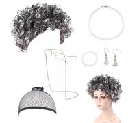 Set di 7 pezzi per costume da vecchia signora, kit per cosplay, riccioli bianchi e neri, kit per costume da nonna, parrucca, occhiali, catena di perle, braccialetto, collana, orecchini, per feste in