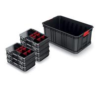 Set di 7 scatole per minuteria + cassetta degli attrezzi, con divisori, 520 x 329 x 210 mm