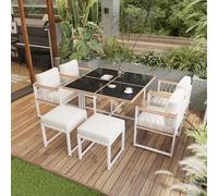 Set di 7 tavoli da pranzo e sedie per esterni, piano corrimano in legno di acacia, tavolo in vetro temperato con avvolgimento in rattan PE, per pasti nel cortile, giardino (bianco, nero, colore legno)