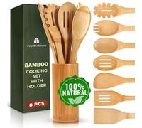 Set di 7 utensili da cucina in bambù con supporto, set di utensili da cucina in bambù + supporto per antiaderente, set di cucchiai in legno per cucinare, facili da pulire, robusti, leggeri e