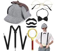 Set di 8 accessori per costume da detective, stile retrò anni '20, con cappello detective con schiena a Y, occhiali, baffi, papillon, lente d'ingrandimento per bambini, adulti, carnevale, cosplay
