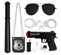 set di 8 accessori per il costume da poliziotto, pistola occhiali da sole fischietto manganello radio tappi per le orecchie, manette e distintivo per carnevale
