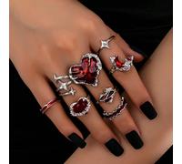 Set di 8 anelli in smalto a forma di cuore gotico rosso, anelli a forma di luna di sangue vampiro e stelle, accessori per costumi di Ognissanti 7vetro,Ferro,Lega di zinco