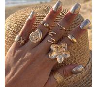 Set di 8 anelli vintage punk con gocce d'acqua, fiori, stelle marine e conchiglie, anelli dal design geometrico alla moda, adatti per l'uso quotidiano e come accessori per feste da donna, ottimo regal