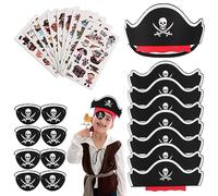 Set di 8 cappelli da pirata per bambini, 8 lembi per gli occhi, in feltro, maschera per gli occhi, 10 pezzi, tatuaggi da pirata, cappello da pirata, accessorio per compleanno, Halloween, maschera,