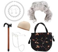 Set di 8 costumi da vecchia signora, tra cui parrucca grigia da nonna, rete per capelli, collana di perle, braccialetti e orecchini, catena per occhiali e occhiali, borsa, bastone gonfiabile, per