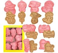 Set di 8 formine per biscotti di Halloween, in plastica, fantasma, mostro, zucca, pipistrello, lecca-lecca, mano che si allunga dalla lapide, gatto nero, aquila, teschio, pipistrello felice Halloween