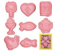 Set di 8 formine per biscotti per battesimo - Set di 8 formine per biscotti a tema cristiano a tema cartone animato 3D | Utensili da forno a forma di calice a forma di pesce colomba per feste