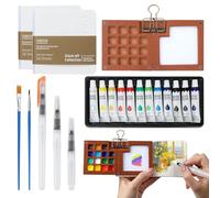 Set di 8 mini acquerelli da viaggio, set da viaggio ad acquerello, kit portatile tascabile con tavolozza di acquerelli a 15 griglie, colori, pennello, album da disegno, mini kit artistico per amanti