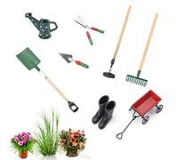 Set di 8 mini casa delle bambole in miniatura, attrezzi da giardino, stivali di gomma, annaffiatoio, vanga, pestello, rastrello, carrello, bollitore, forbici, brividi, mini ornamento da giardino