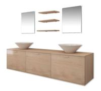 Set di 8 mobili per lavabo, da parete, colore: beige con 2 lavelli in | 3 cassetti, 3 ripiani, 2 specchi, truciolare, tappi di scarico inclusi, montaggio sopra piano di lavoro