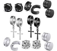 Set di 8 paia di orecchini in acciaio inox, non si inseriscono nel buco del lobo, neri, orecchini magnetici, unisex, a forma di croce e cerchio, Acciaio inossidabile
