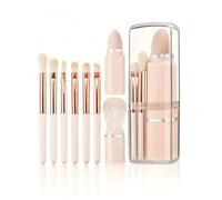 Set di 8 pennelli da trucco semplici da viaggio 8 in 1 con custodia portatile in scatola, include una spugna per cipria, ombretto, sopracciglia e labbra, setole morbide, pennelli cosmetici di alta