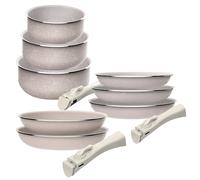 Set di 8 pezzi: 5 padelle Ø18Ø20Ø24cm(x2) Ø28cm e 3 pentole Ø16Ø18Ø20cm in alluminio pressato con rivestimento ILAG con 2 manici estraibili