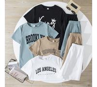 Set di 8 pezzi di abbigliamento casual per ragazzi pre-adolescenti composto da maglietta girocollo e pantaloncini con motivo a lettere, adatto per andare al lavoro, a scuola, uso quotidiano, attività 