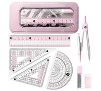 Set di 8 pezzi goniometro e bussola, righello, cancelleria per la scuola con custodia trasparente, include bussole, gomma, goniometro, piombo per geometria matematica set per scuola secondaria (rosa)