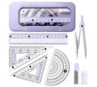 Set di 8 pezzi goniometro e bussola, righello, cancelleria per la scuola con custodia trasparente, include bussole, gomma, goniometro, piombo per geometria matematica set per scuola secondaria (viola)