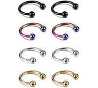 Set di 8 piercing in acciaio inox a ferro di cavallo da 6 a 10 mm, 16 G, per labbro, naso, cartilagine, elice, trago, orecchini per donne e uomini (nero/argento/oro/arcobaleno) ER68, 8MM, Acciaio