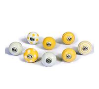 Set di 8 pomelli in ceramica di colore bianco e giallo, dipinti a mano con diversi disegni. Maniglie artigianali per armadi, cassetti, cassettiere e appendiabiti. Pomelli classici da 40 mm di diametro