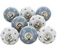 Set di 8 pomelli in ceramica nei colori bianco e blu, dipinti a mano con diversi disegni. Maniglie artigianali per armadi, cassetti, cassettiere e appendiabiti. Pomelli classici da 40 mm di diametro.