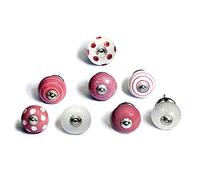 Set di 8 pomelli in ceramica nei colori bianco e rosa, dipinti a mano con diversi disegni. Maniglie artigianali per armadi, cassetti, cassettiere e appendiabiti. Pomelli classici da 40 mm di diametro