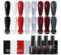 Set di 8 smalti gel per unghie in colori bianco, nero, rosso, rosa e glitter. Smalti semipermanenti, da scegliere per manicure fai-da-te o in salone. Kit per decorazione e design unghie da usare a cas