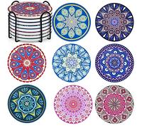 Set di 8 sottobicchieri con mandala, in ceramica, rotondi, con supporto, assorbenti, con base in sughero antiscivolo e tappetino in pietra ceramica, per tazze, bicchieri da vino, cucina, bar, 10 cm