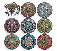 Set di 8 sottobicchieri con motivo mandala, in ceramica, stile bohémien, assorbenti, con base in sughero e supporto nero, sottobicchieri per tavolino da caffè, appartamento, bar, tazze in legno,