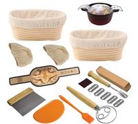 Set di 8 strumenti per fare il pane a pasta madre - 2 cesti di fermentazione ovali da 25 cm, vassoio in silicone, frusta danese, raschietto, pennello e altro ancora
