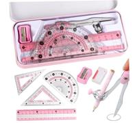 Set di 8 strumenti per la geometria della bussola, pratico goniometro e set di bussole con goniometro, righelli e altro, kit da disegno con scatola di metallo per strumenti matematici in classe.