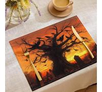 Set di 8 tovagliette estive con motivo Atmosfera Oscura E Inquietante,45x30cm,motivo Vecchio Villaggio Cimitero,lavabili,decorazione per la cucina, per vacanze e feste