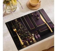 Set Di 8 Tovagliette Natalizie Viola Intenso Con Elegante Albero Di Natale Architettura Elegante, Antiscivolo Resistenti Al Calore Lavabili Per Cucina Sala Da Pranzo Decorazione Della Casa, 45X30Cm